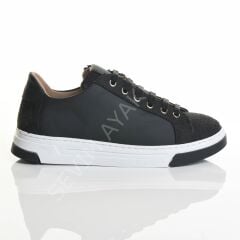 KADIN HAKİKİ DERİ SİYAH BASKILI SNEAKER AYAKKABI