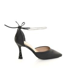 KADIN BİLEK BANT DETAYLI SİYAH SATEN KADEH TOPUK AYAKKABI