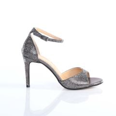 KADIN ANTRASİT RENK KRİSTAL TAŞLI BİLEKTEN BAĞLI 10CM TOPUKLU ABİYE AYAKKABI