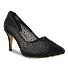 KADIN SİYAH RENK SİNDİRELLA KRİSTAL TAŞLI FİLELİ STİLETTO AYAKKABI