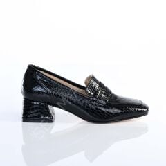 KADIN HAKİKİ DERİ 4CM TOPUKLU KROKO BASKI SİYAH RUGAN GÜNLÜK AYAKKABI