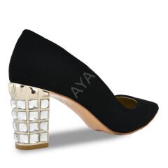 KADIN TAŞLI SÜET VEGAN DERİ KALIN TOPUK AYAKKABI