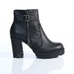 KADIN HAKİKİ DERİ TOPUKLU FERMUARLI SİYAH RENK GÜNLÜK BOT